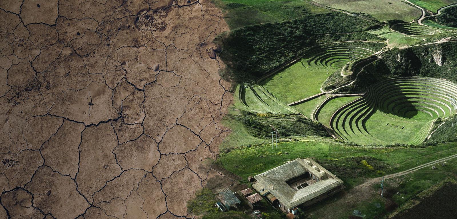 A collage showing a section of cracked earth next to Mil Centro restaurant and the Moray ruins.