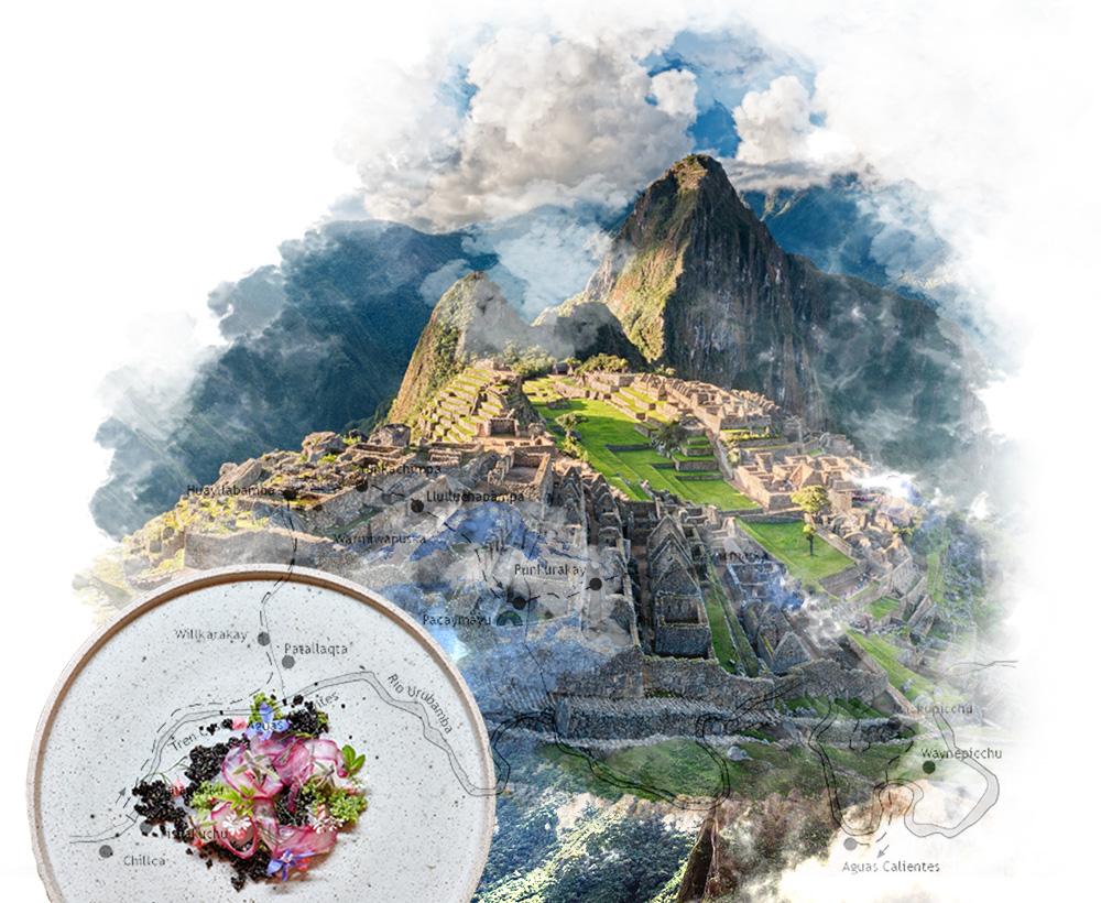 Collage showing Machu Picchu, several Peruvian dishes, and a traveler taking a photo.