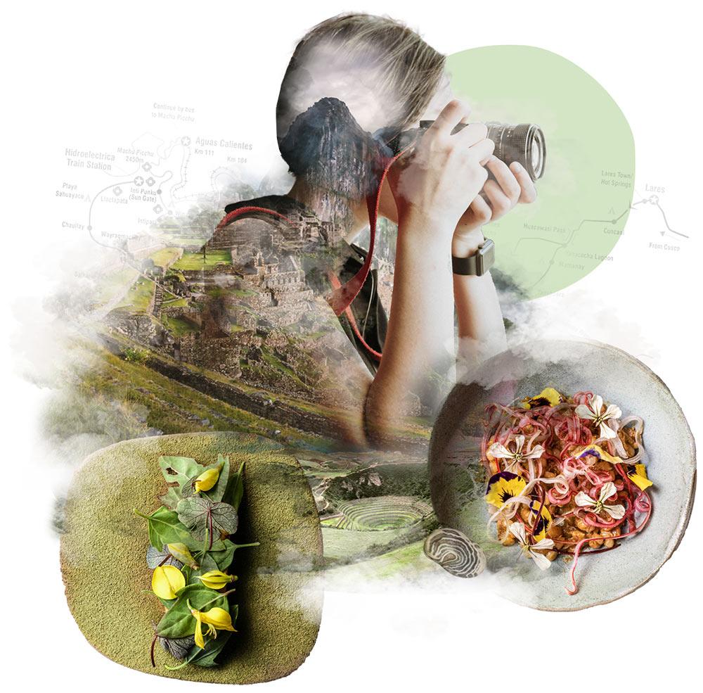 Collage showing Machu Picchu, several Peruvian dishes, and a traveler taking a photo.